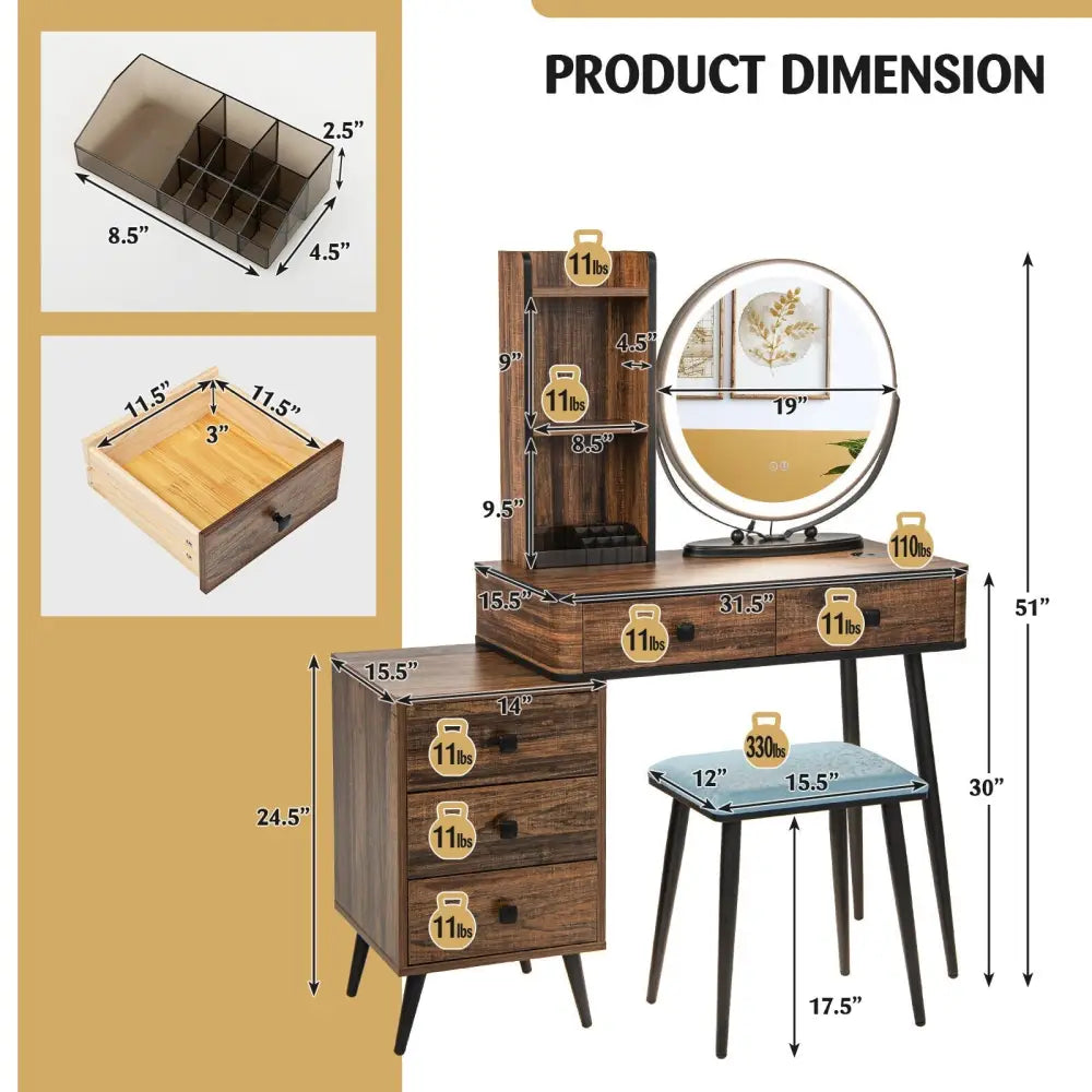 Vanity Table Set with 3-Color Lighted Mirror and Cushioned Stool-Rustic Brown - Rustic Brown - Makeup Vanities