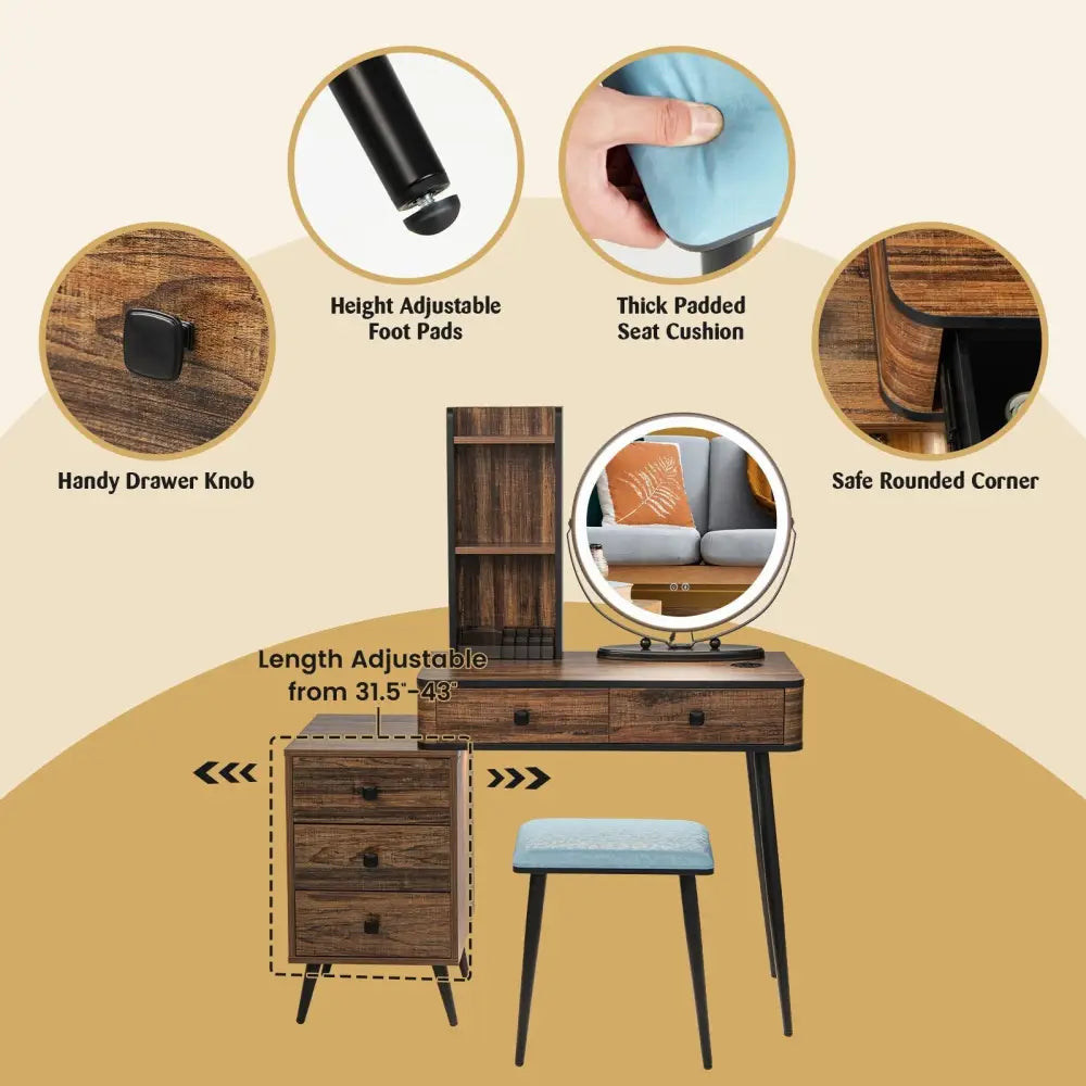 Vanity Table Set with 3-Color Lighted Mirror and Cushioned Stool-Rustic Brown - Rustic Brown - Makeup Vanities