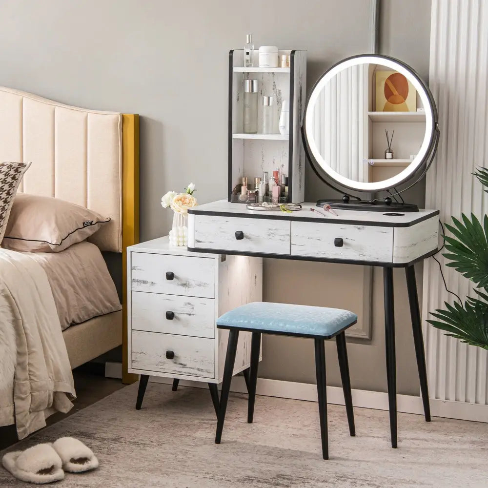 Vanity Table Set with 3-Color Lighted Mirror and Cushioned Stool-White - White - Makeup Vanities