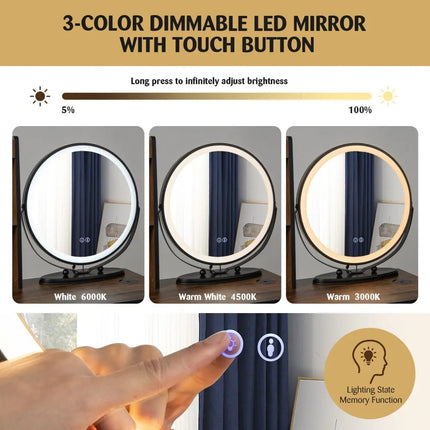 Vanity Table Set with 3-Color Lighted Mirror and Cushioned Stool-Rustic Brown - Rustic Brown - Makeup Vanities