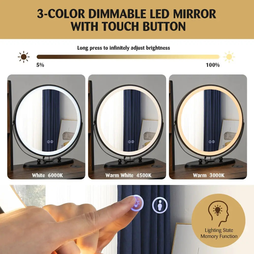 Vanity Table Set with 3-Color Lighted Mirror and Cushioned Stool-Rustic Brown - Rustic Brown - Makeup Vanities