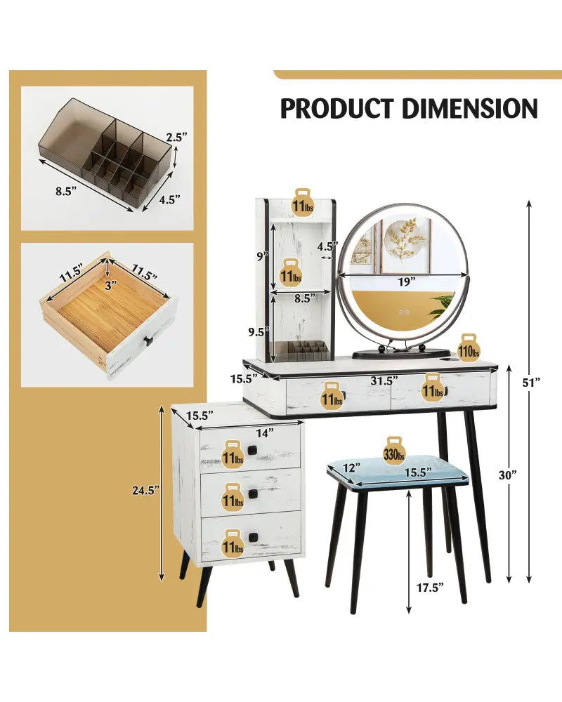 Vanity Table Set with 3-Color Lighted Mirror and Cushioned Stool-White - White - Makeup Vanities