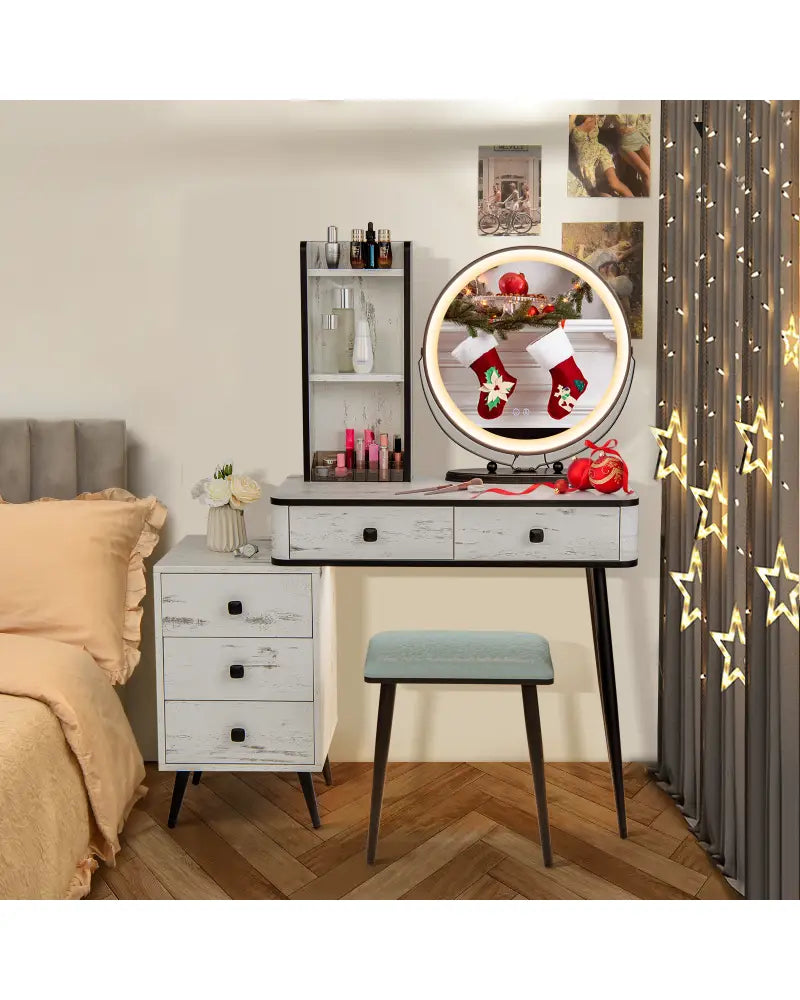 Vanity Table Set with 3-Color Lighted Mirror and Cushioned Stool-White - White - Makeup Vanities