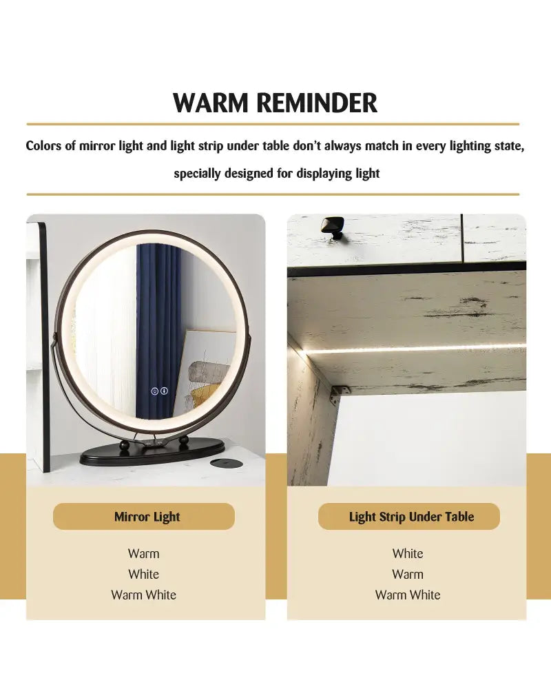 Vanity Table Set with 3-Color Lighted Mirror and Cushioned Stool-White - White - Makeup Vanities