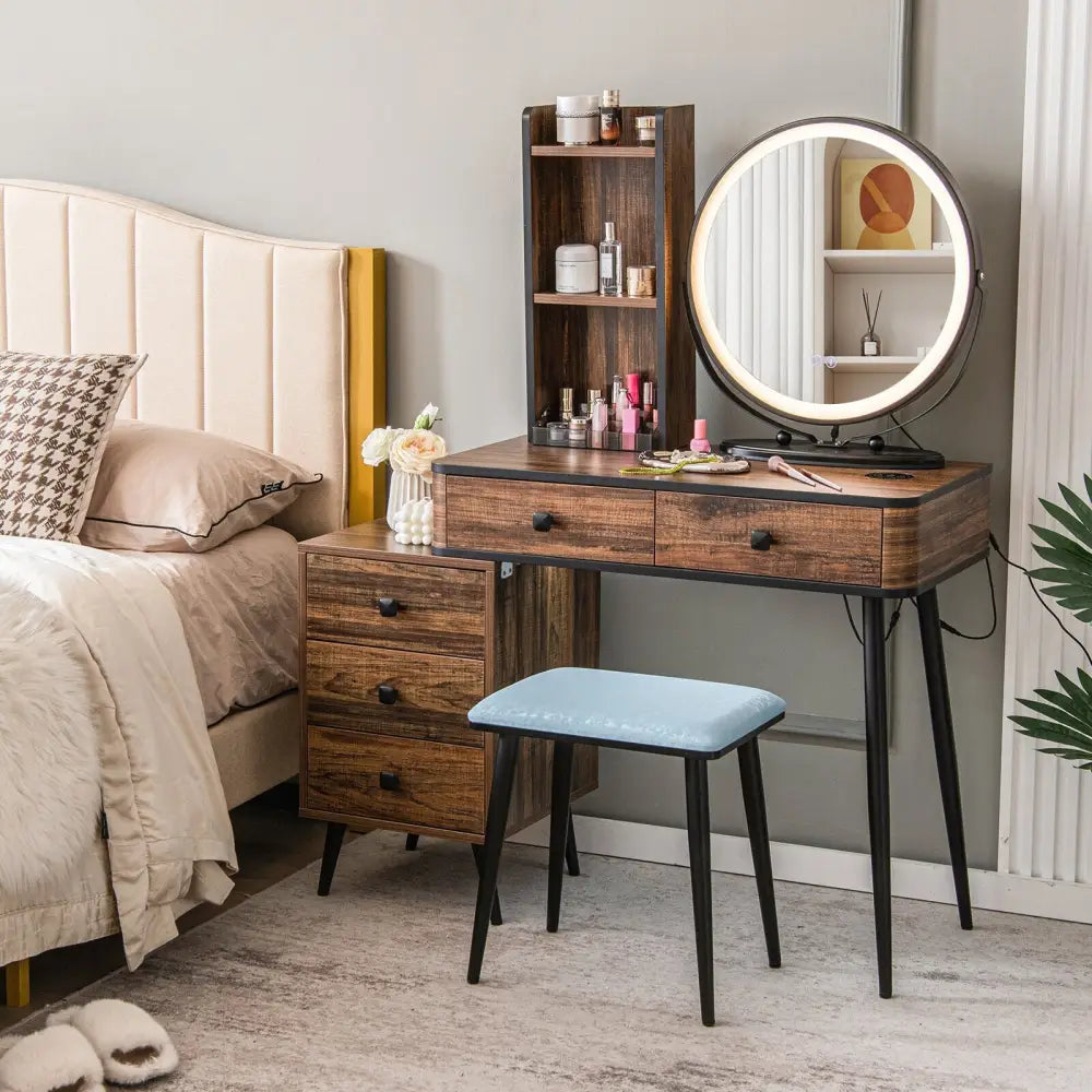 Vanity Table Set with 3-Color Lighted Mirror and Cushioned Stool-Rustic Brown - Rustic Brown - Makeup Vanities
