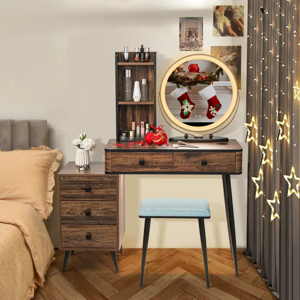 Vanity Table Set with 3-Color Lighted Mirror and Cushioned Stool-Rustic Brown - Rustic Brown - Makeup Vanities