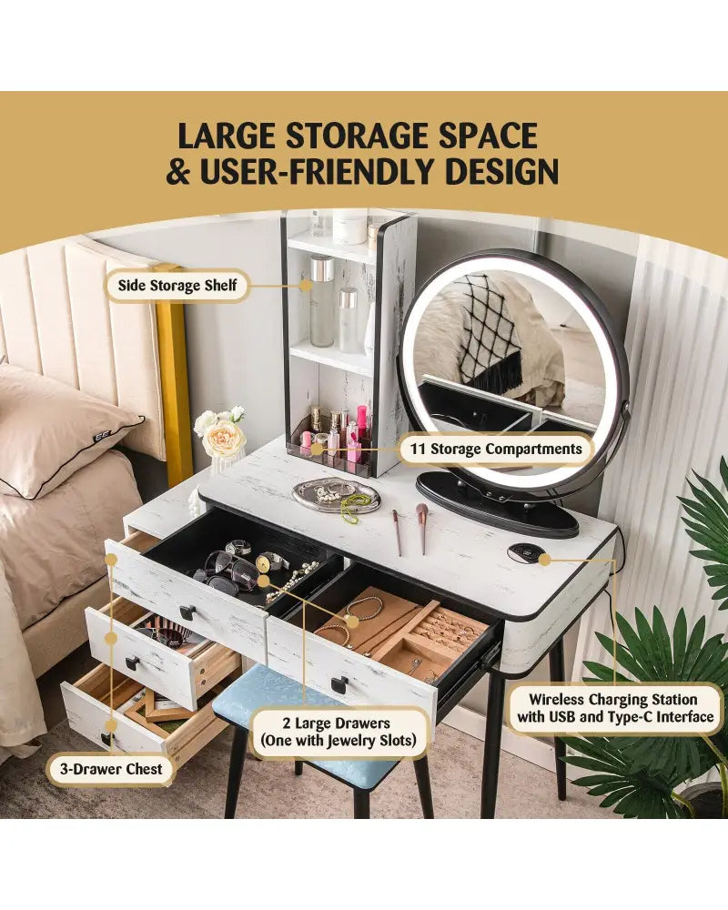 Vanity Table Set with 3-Color Lighted Mirror and Cushioned Stool-White - White - Makeup Vanities