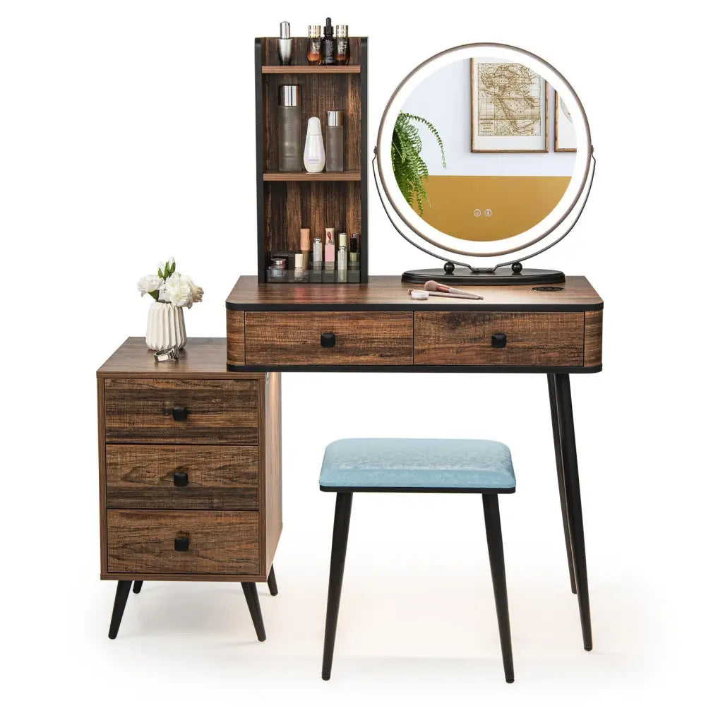 Vanity Table Set with 3-Color Lighted Mirror and Cushioned Stool-Rustic Brown - Rustic Brown - Makeup Vanities