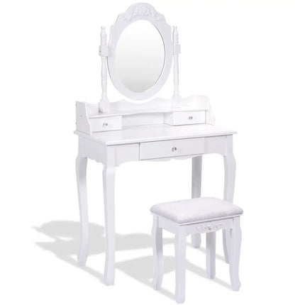 Vanity Table Set with Cushioned Stool with 360° Rotating Oval Mirror and Three Drawers-White - White - Makeup Vanities