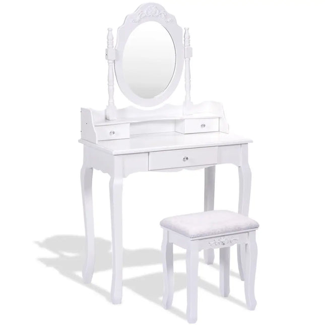Vanity Table Set with Cushioned Stool with 360° Rotating Oval Mirror and Three Drawers-White - White - Makeup Vanities
