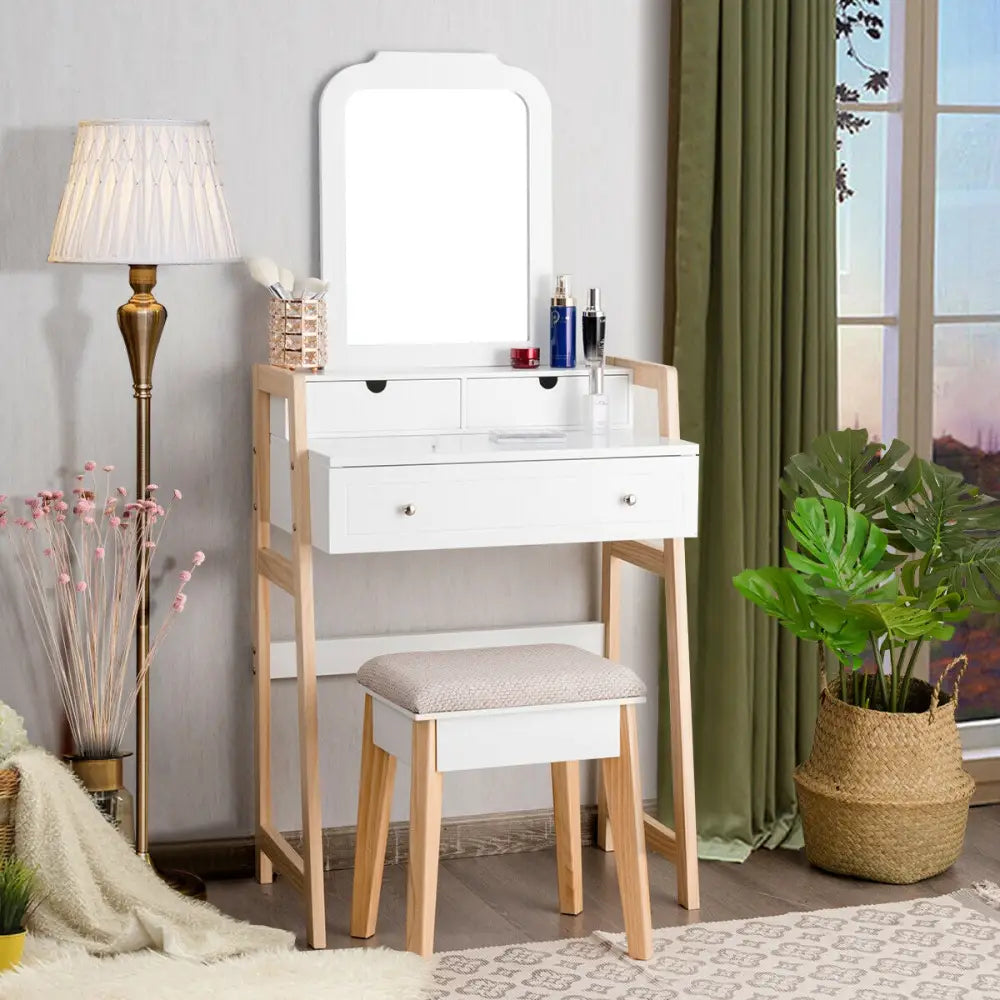 Vanity Table Set with Cushioned Stool and Large Mirror - White - Makeup Vanities