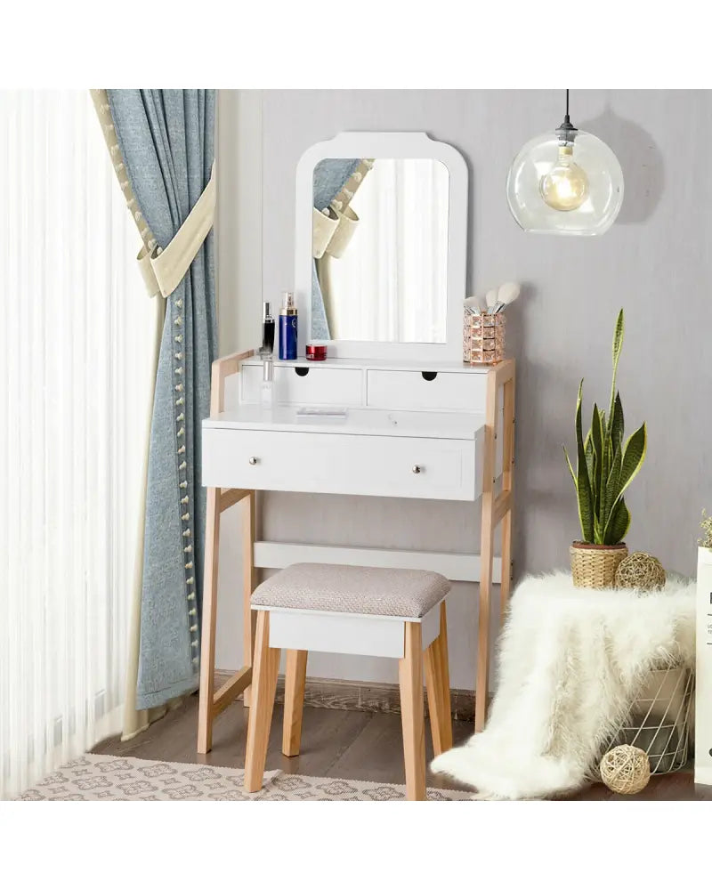 Vanity Table Set with Cushioned Stool and Large Mirror - White - Makeup Vanities