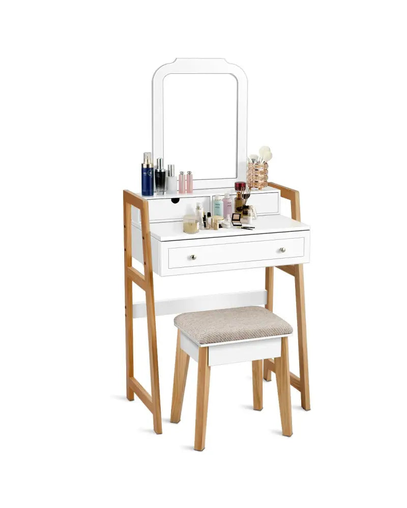 Vanity Table Set with Cushioned Stool and Large Mirror - White - Makeup Vanities