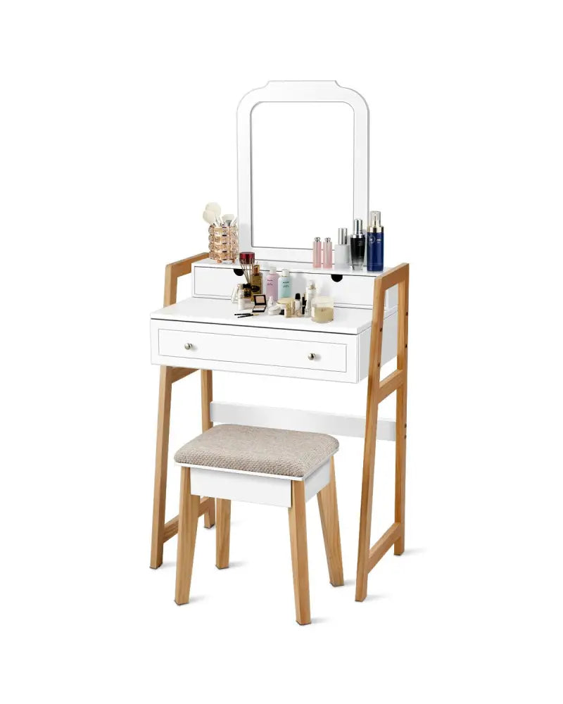 Vanity Table Set with Cushioned Stool and Large Mirror - White - Makeup Vanities