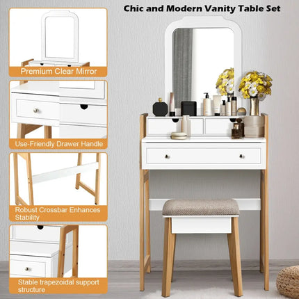 Vanity Table Set with Cushioned Stool and Large Mirror - White - Makeup Vanities