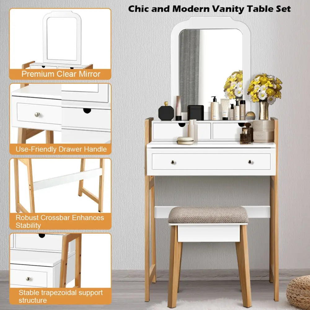 Vanity Table Set with Cushioned Stool and Large Mirror - White - Makeup Vanities