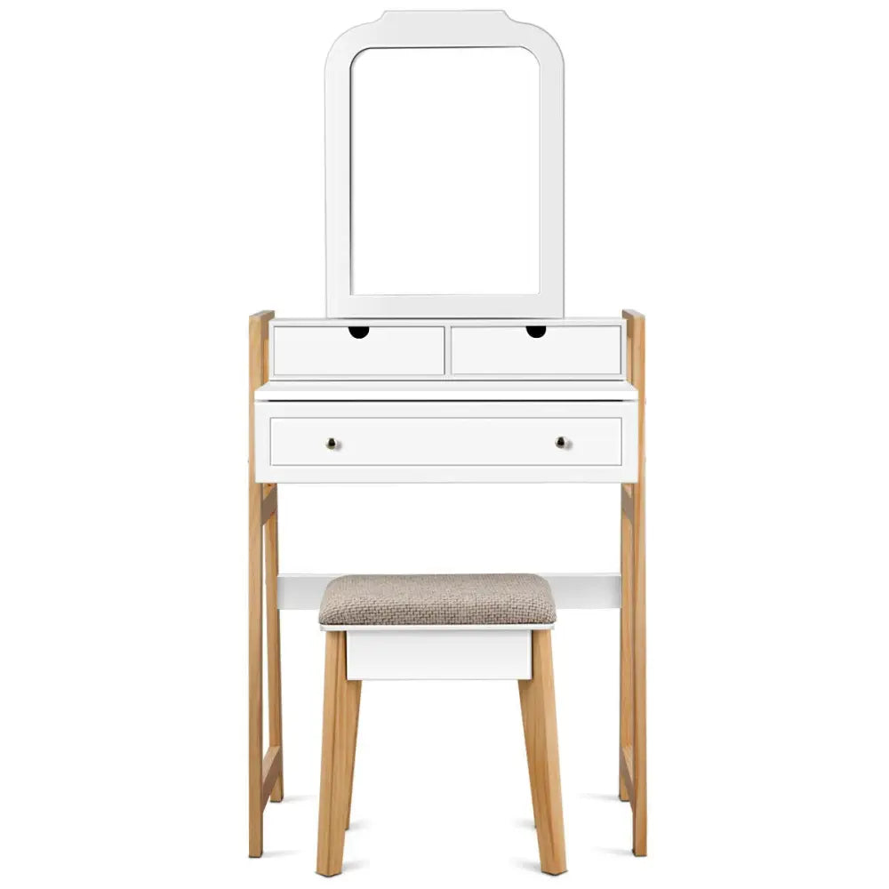 Vanity Table Set with Cushioned Stool and Large Mirror - White - Makeup Vanities