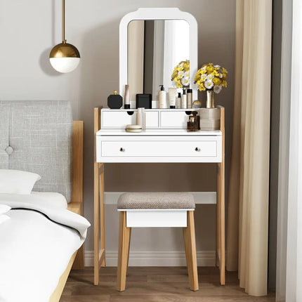 Vanity Table Set with Cushioned Stool and Large Mirror - White - Makeup Vanities