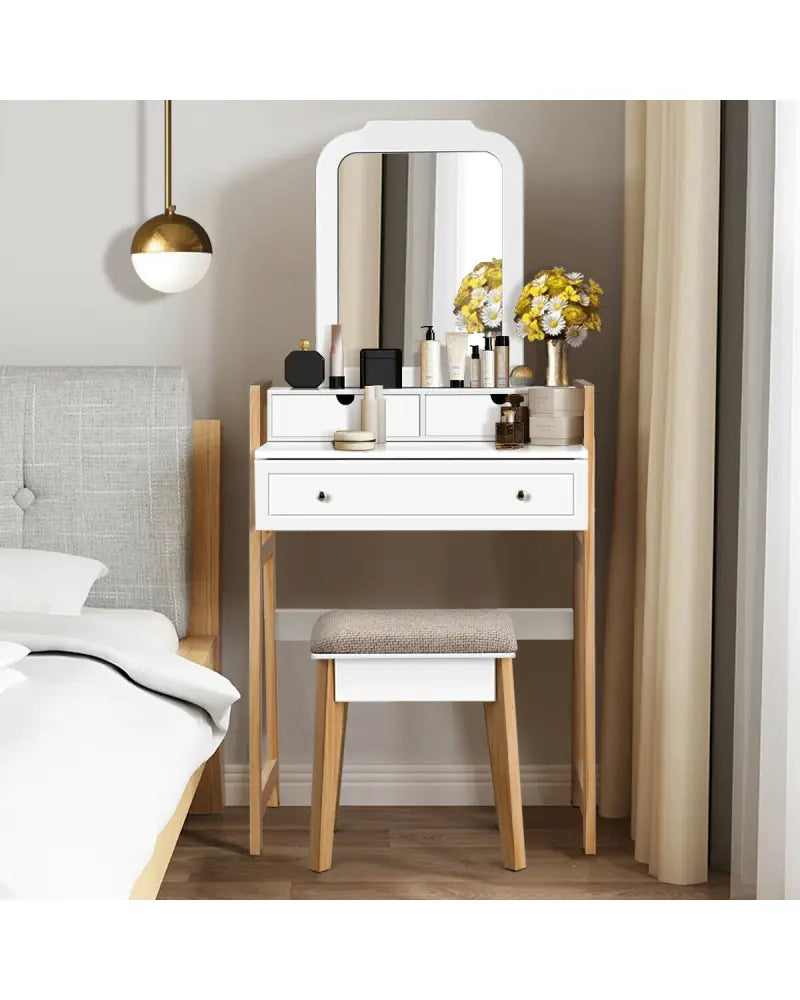 Vanity Table Set with Cushioned Stool and Large Mirror - White - Makeup Vanities