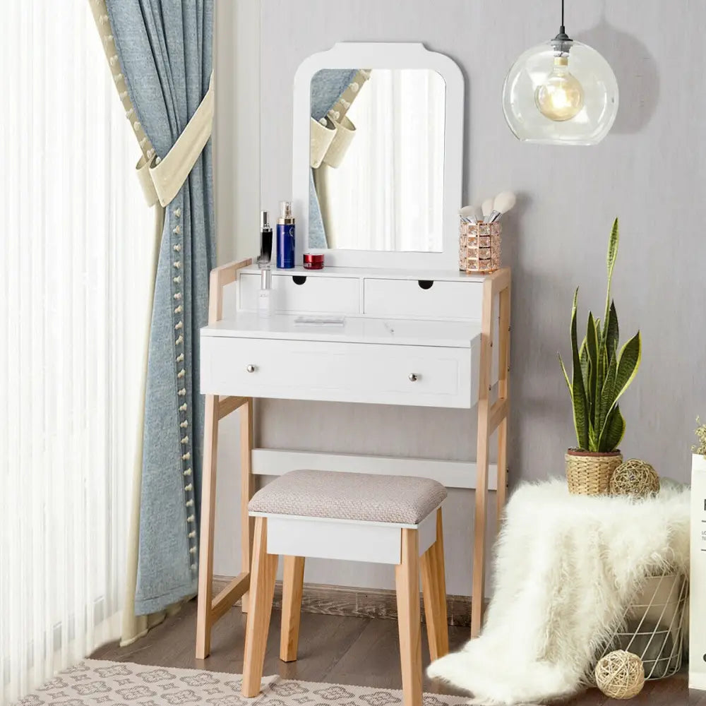 Vanity Table Set with Cushioned Stool and Large Mirror - White - Makeup Vanities