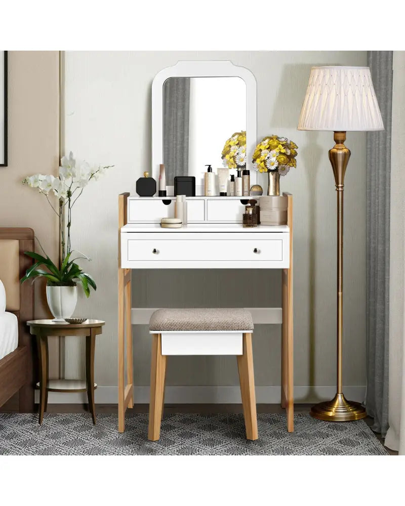 Vanity Table Set with Cushioned Stool and Large Mirror - White - Makeup Vanities