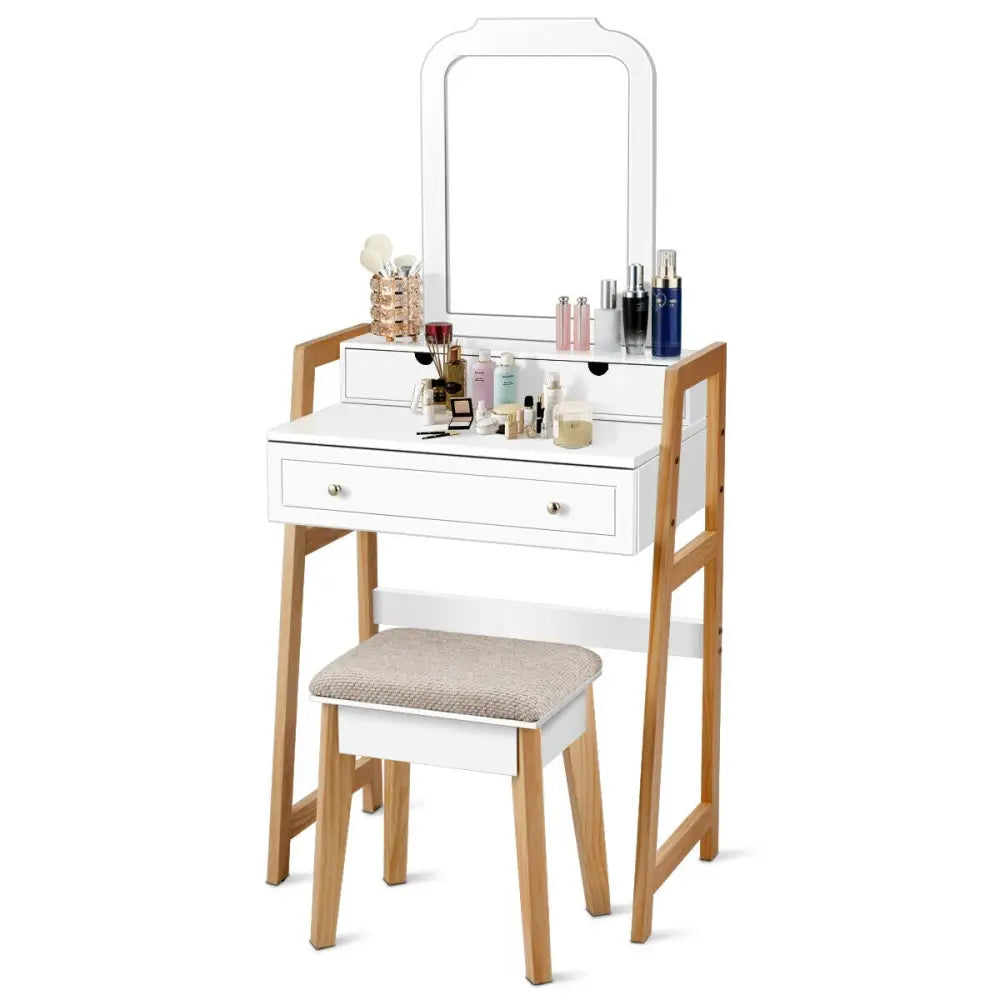Vanity Table Set with Cushioned Stool and Large Mirror - White - Makeup Vanities