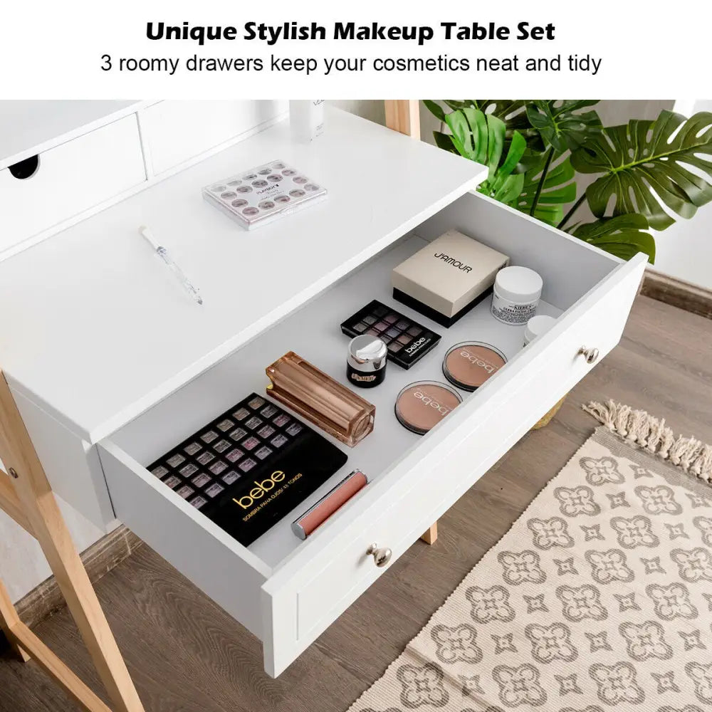 Vanity Table Set with Cushioned Stool and Large Mirror - White - Makeup Vanities