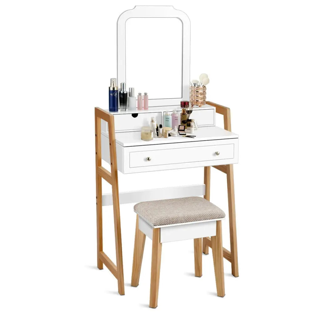 Vanity Table Set with Cushioned Stool and Large Mirror - White - Makeup Vanities