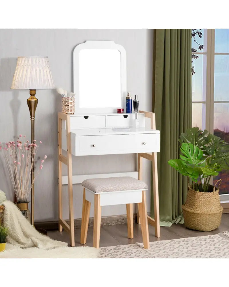 Vanity Table Set with Cushioned Stool and Large Mirror - White - Makeup Vanities