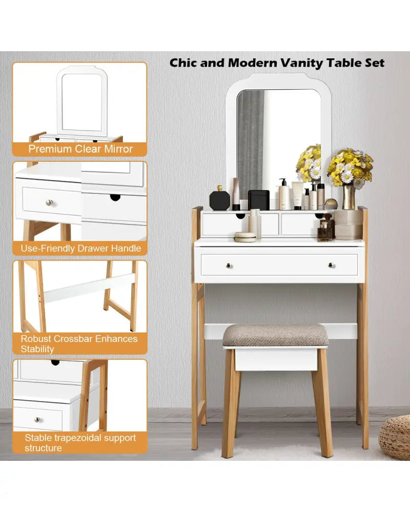 Vanity Table Set with Cushioned Stool and Large Mirror - White - Makeup Vanities