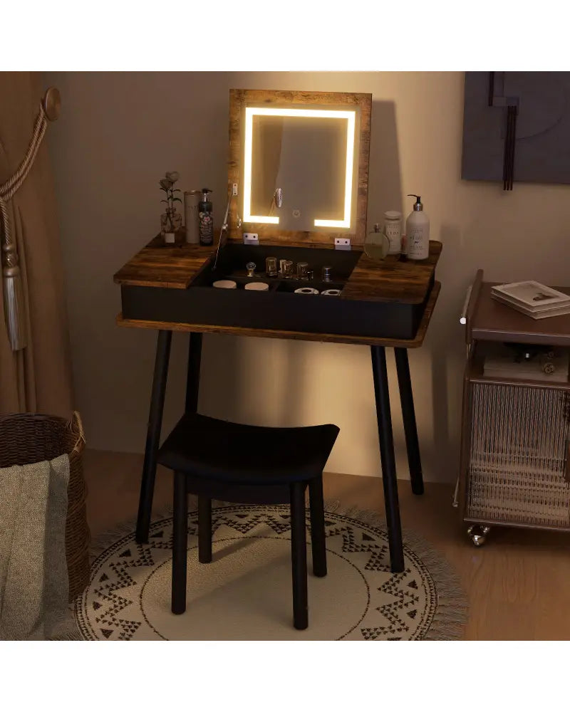 Vanity Table Set with Flip Top Mirror Lights USB Writing Desk and Stool-Brown - Brown - Makeup Vanities