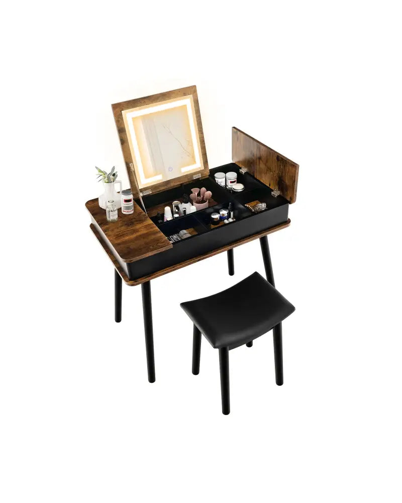 Vanity Table Set with Flip Top Mirror Lights USB Writing Desk and Stool-Brown - Brown - Makeup Vanities