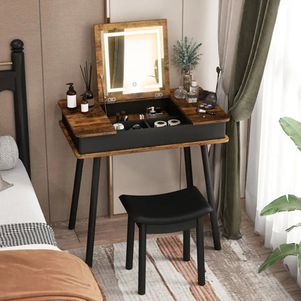 Vanity Table Set with Flip Top Mirror Lights USB Writing Desk and Stool-Brown - Brown - Makeup Vanities