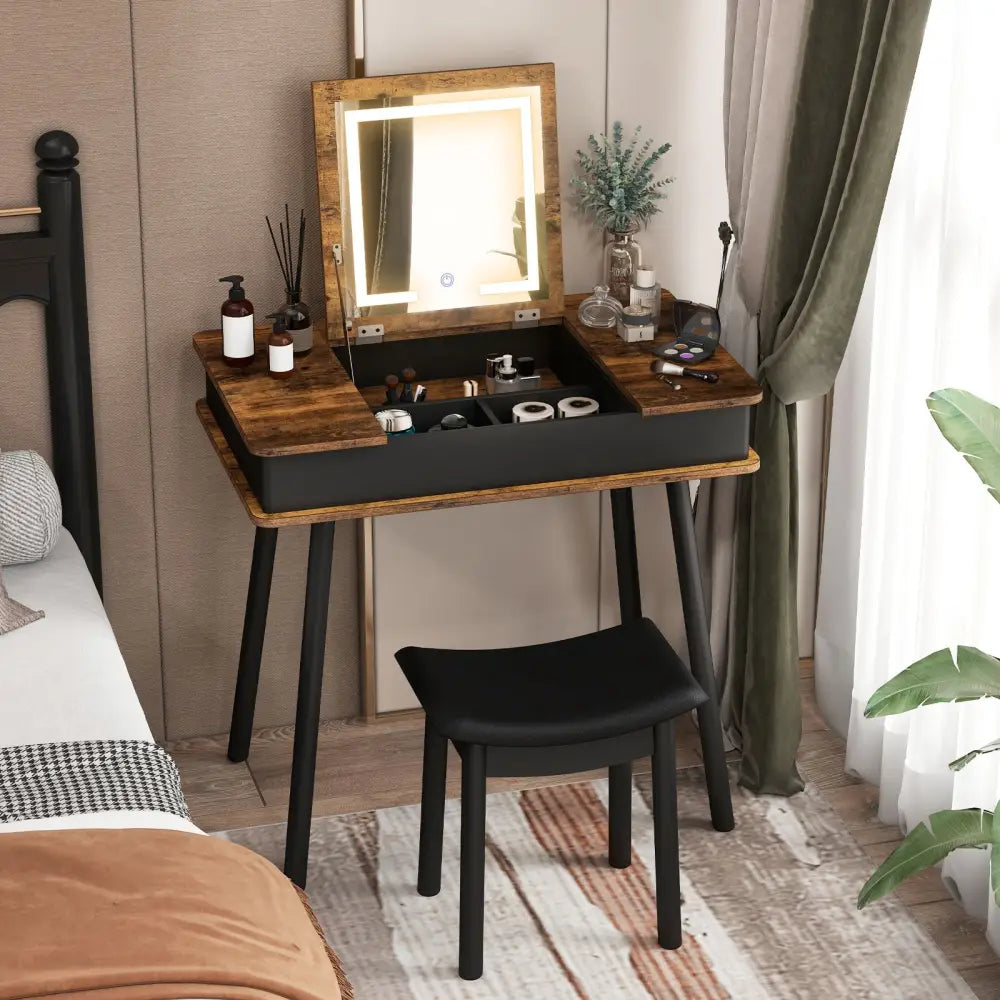 Vanity Table Set with Flip Top Mirror Lights USB Writing Desk and Stool-Brown - Brown - Makeup Vanities