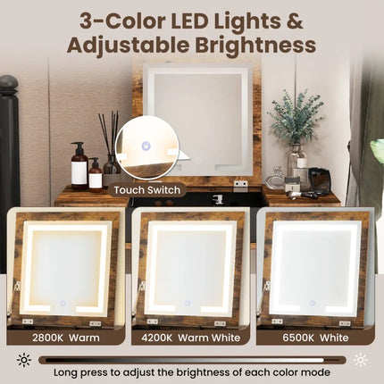 Vanity Table Set with Flip Top Mirror Lights USB Writing Desk and Stool-Brown - Brown - Makeup Vanities