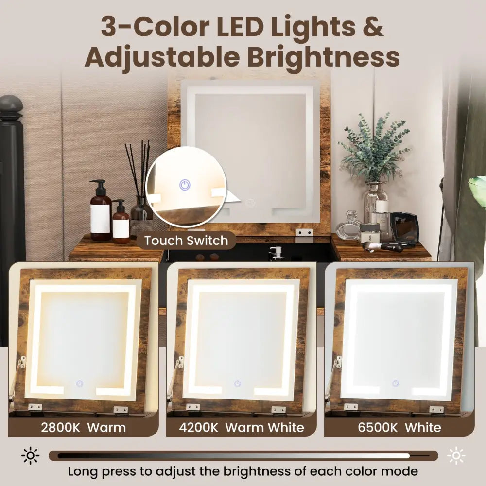 Vanity Table Set with Flip Top Mirror Lights USB Writing Desk and Stool-Brown - Brown - Makeup Vanities