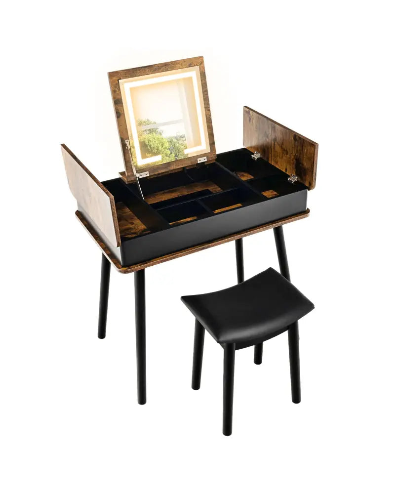 Vanity Table Set with Flip Top Mirror Lights USB Writing Desk and Stool-Brown - Brown - Makeup Vanities