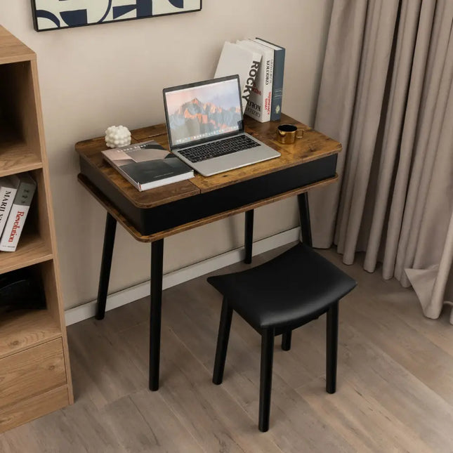 Vanity Table Set with Flip Top Mirror Lights USB Writing Desk and Stool-Brown - Brown - Makeup Vanities