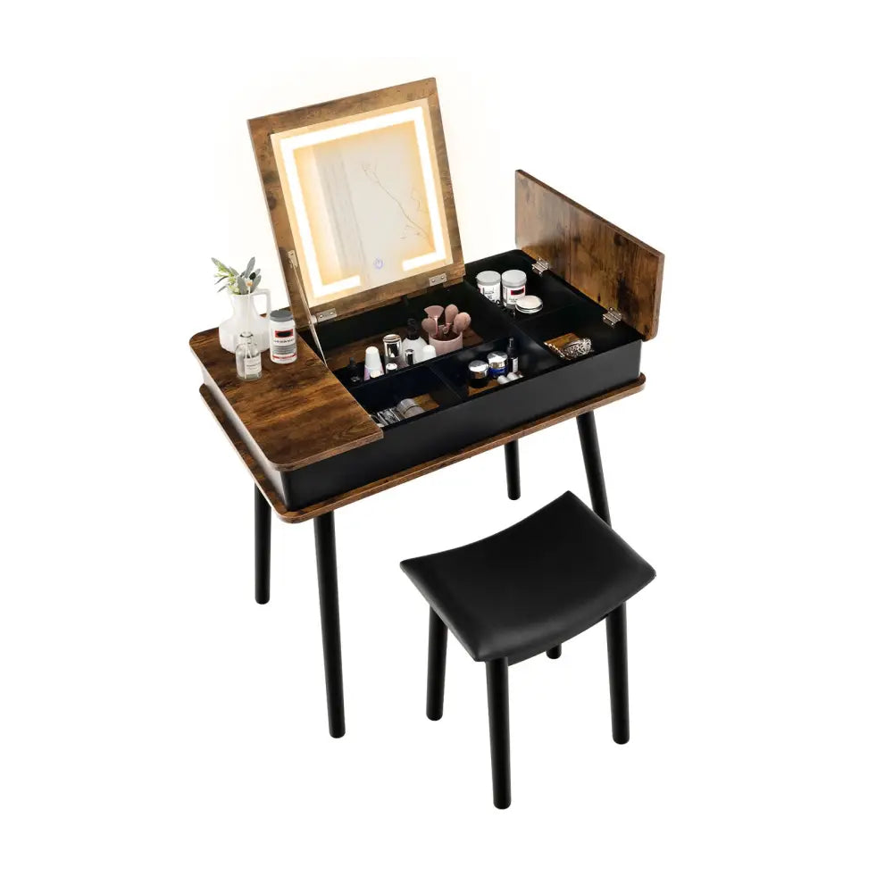 Vanity Table Set with Flip Top Mirror Lights USB Writing Desk and Stool-Brown - Brown - Makeup Vanities