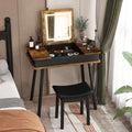 Vanity Table Set with Flip Top Mirror Lights USB Writing Desk and Stool-Brown - Brown - Makeup Vanities
