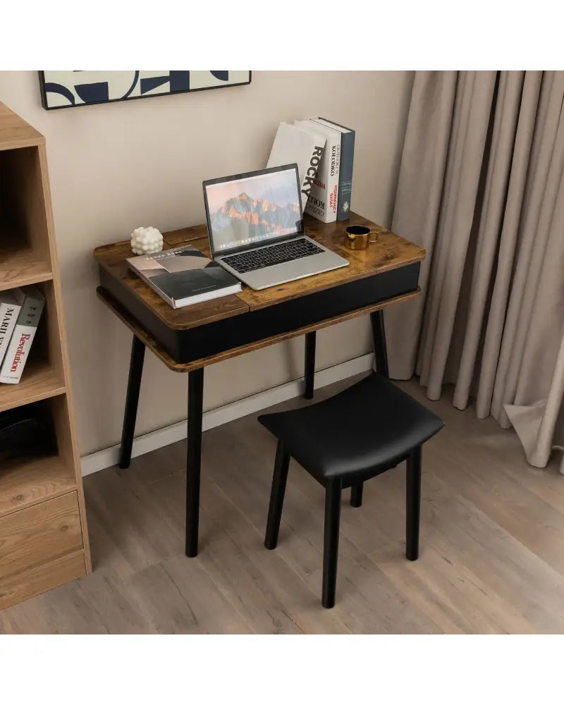 Vanity Table Set with Flip Top Mirror Lights USB Writing Desk and Stool-Brown - Brown - Makeup Vanities