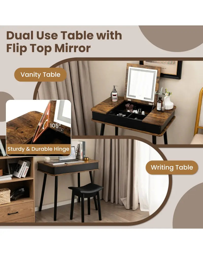 Vanity Table Set with Flip Top Mirror Lights USB Writing Desk and Stool-Brown - Brown - Makeup Vanities