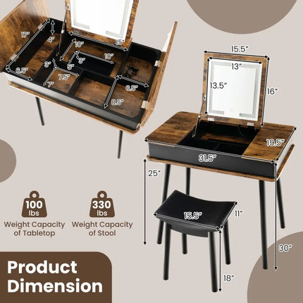 Vanity Table Set with Flip Top Mirror Lights USB Writing Desk and Stool-Brown - Brown - Makeup Vanities