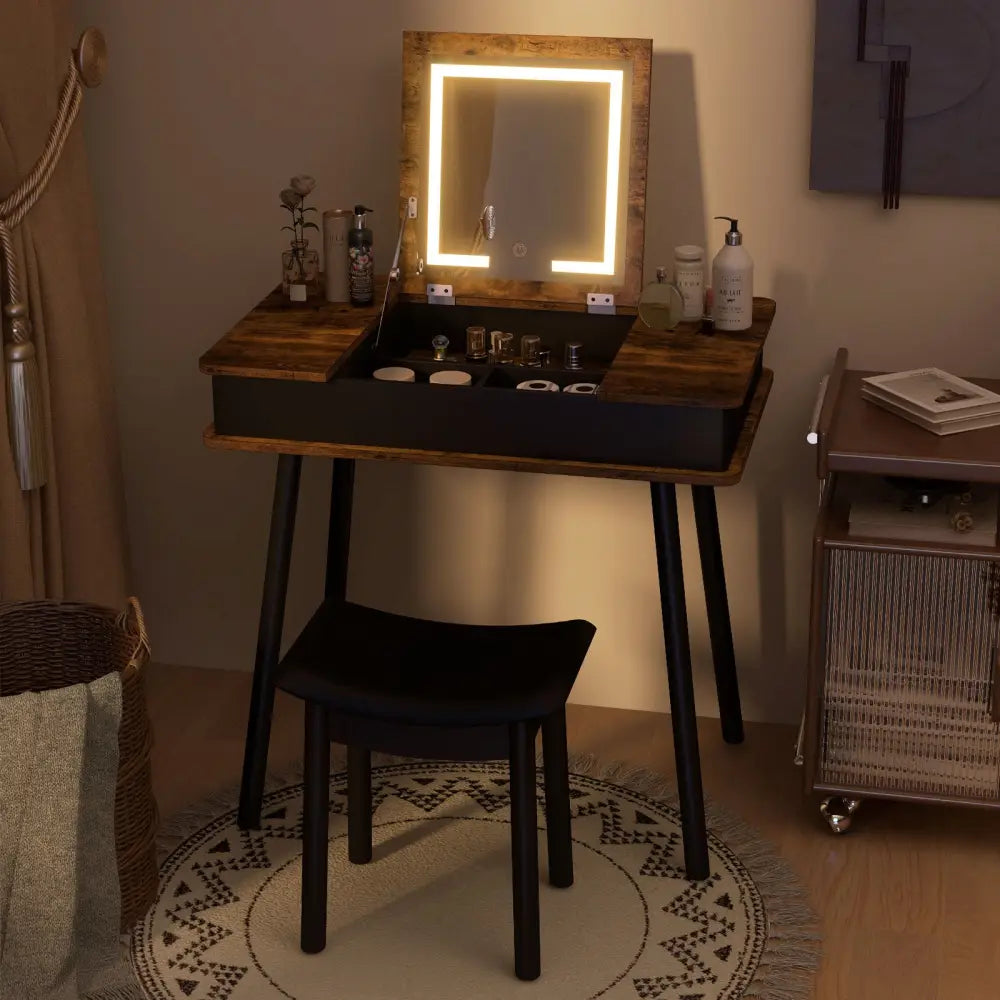 Vanity Table Set with Flip Top Mirror Lights USB Writing Desk and Stool-Brown - Brown - Makeup Vanities