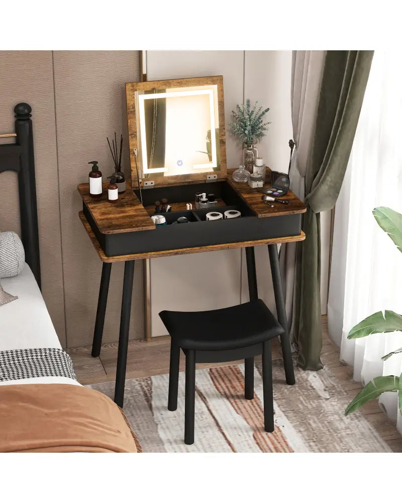 Vanity Table Set with Flip Top Mirror Lights USB Writing Desk and Stool-Brown - Brown - Makeup Vanities