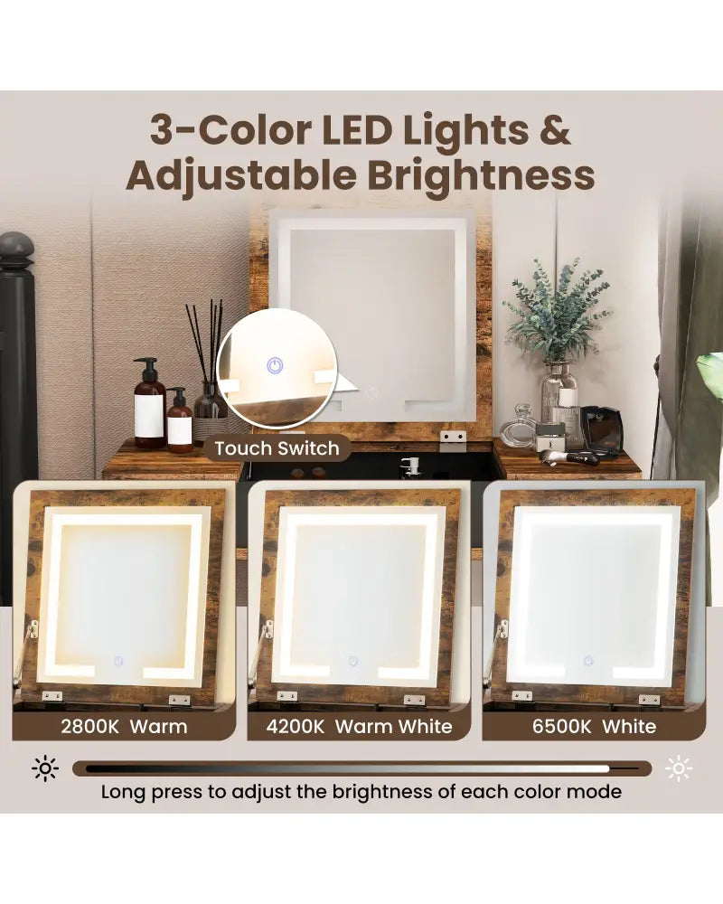 Vanity Table Set with Flip Top Mirror Lights USB Writing Desk and Stool-Brown - Brown - Makeup Vanities