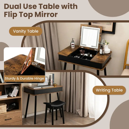 Vanity Table Set with Flip Top Mirror Lights USB Writing Desk and Stool-Brown - Brown - Makeup Vanities
