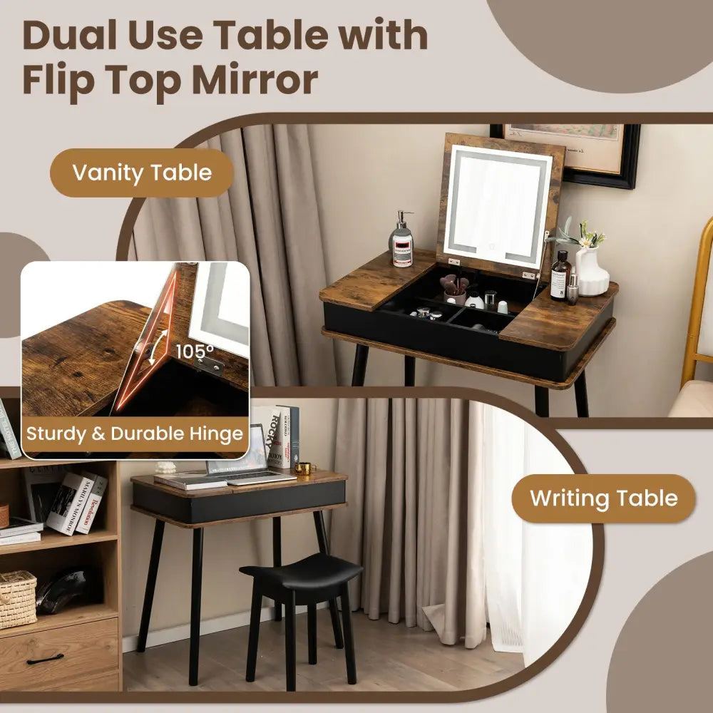 Vanity Table Set with Flip Top Mirror Lights USB Writing Desk and Stool-Brown - Brown - Makeup Vanities