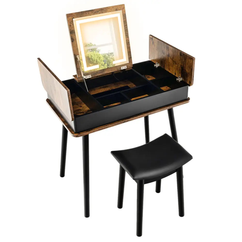 Vanity Table Set with Flip Top Mirror Lights USB Writing Desk and Stool-Brown - Brown - Makeup Vanities