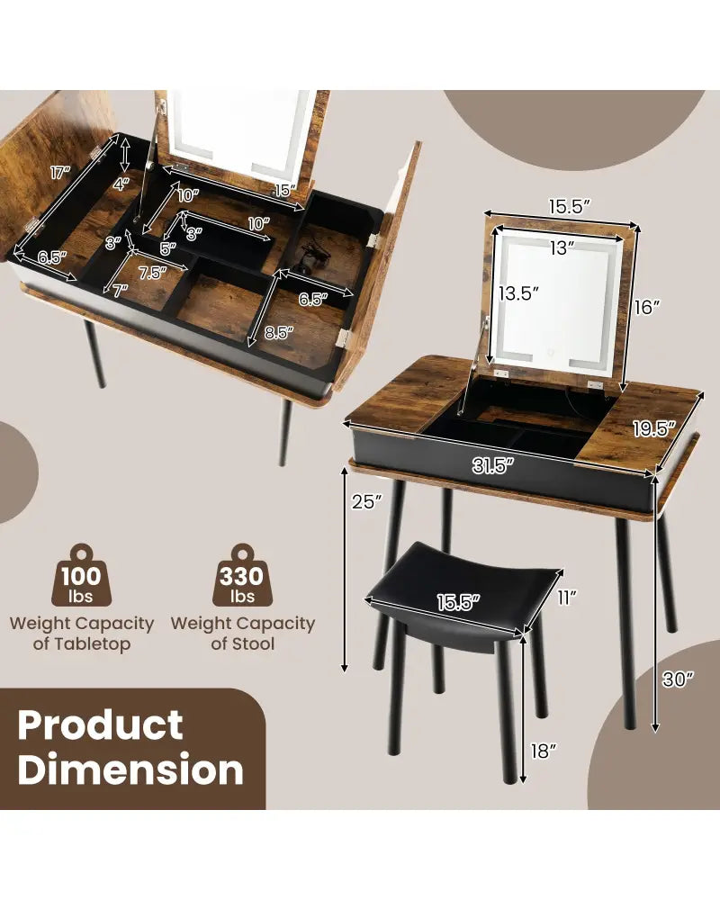 Vanity Table Set with Flip Top Mirror Lights USB Writing Desk and Stool-Brown - Brown - Makeup Vanities